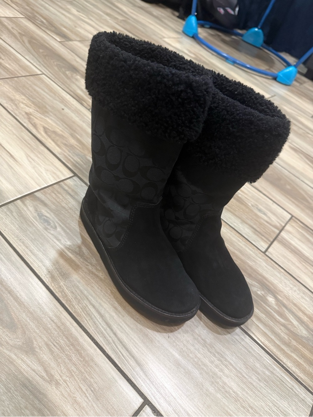 Coach Black Suede Logo Shearling Cuff Winter Boots